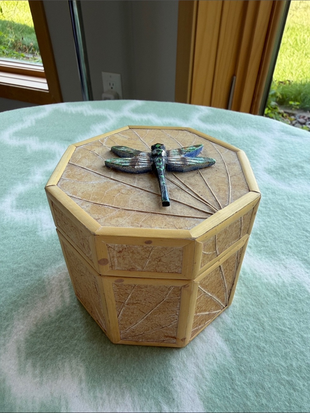 Octagonal Decorative Box with Dragonfly Accent - Beige and Green